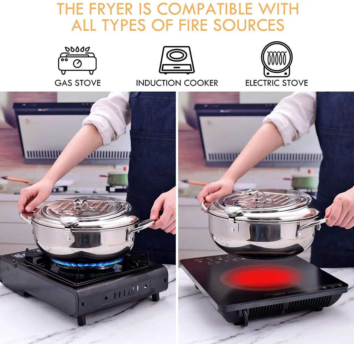 304 Stainless Steel Japanese Deep Frying Pot with Thermometer & Lid – Tempura Fryer Pan – Ideal for Tempura, Chips & Fried Chicken – Available in 20cm & 24cm
