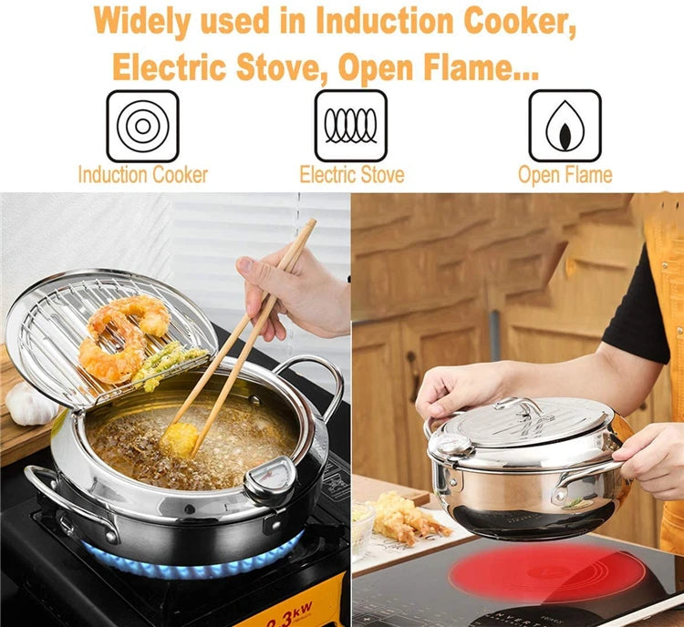 304 Stainless Steel Japanese Deep Frying Pot with Thermometer & Lid – Tempura Fryer Pan – Ideal for Tempura, Chips & Fried Chicken – Available in 20cm & 24cm