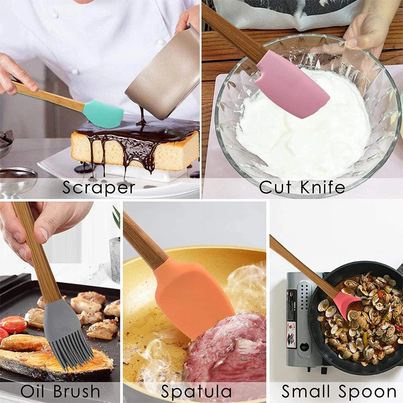 5 Piece Mini Silicone Spatula Set with Wooden Handles – Heat Resistant Non-Stick Scrapers – Best for Baking, Jars & Pastry