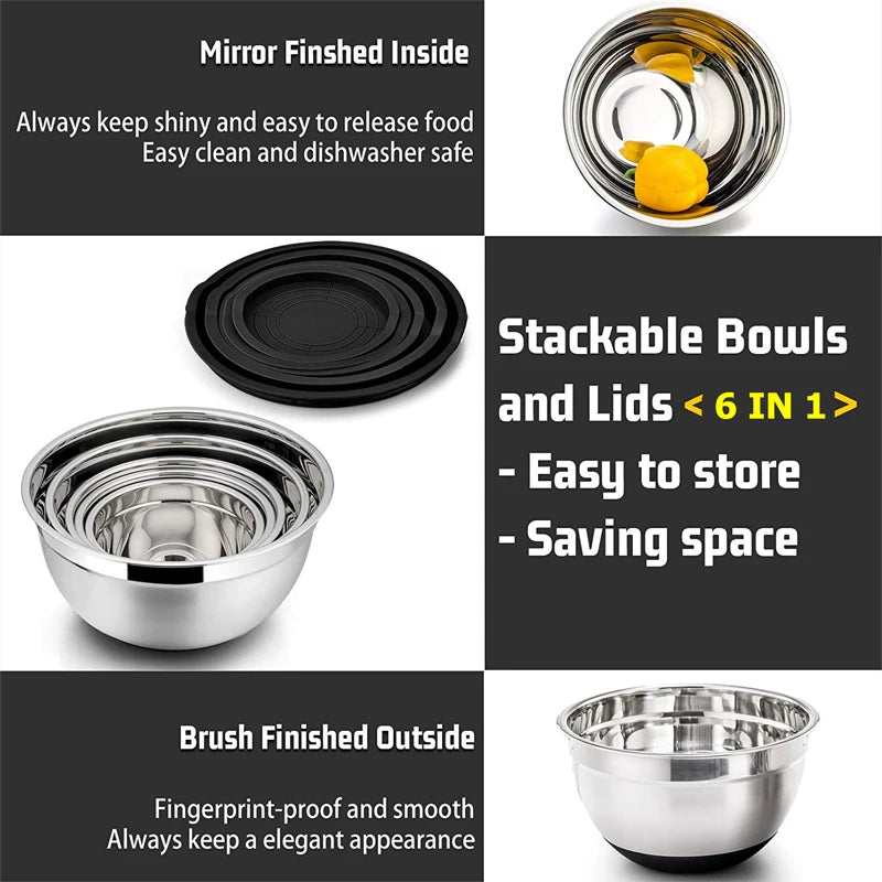 6 Piece Stainless Steel Mixing Bowl Set with Lids & Non-Slip Bases – Nesting Baking & Storage Bowls – Best for Baking, Salads & Food Prep