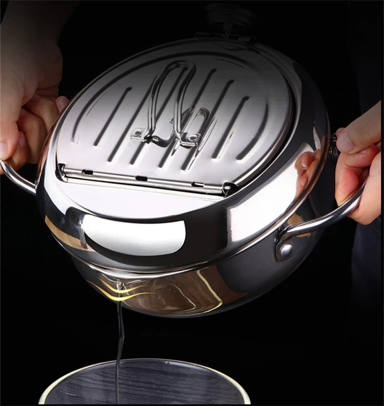 304 Stainless Steel Japanese Deep Frying Pot with Thermometer & Lid – Tempura Fryer Pan – Ideal for Tempura, Chips & Fried Chicken – Available in 20cm & 24cm