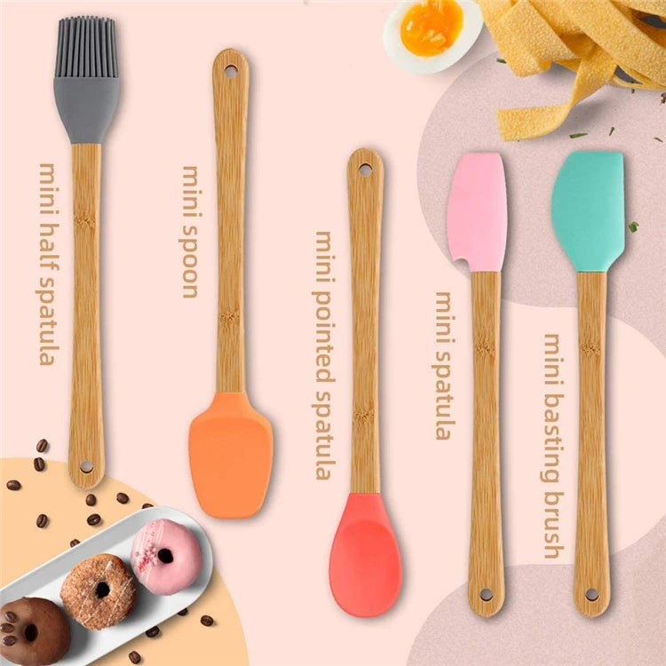 5 Piece Mini Silicone Spatula Set with Wooden Handles – Heat Resistant Non-Stick Scrapers – Best for Baking, Jars & Pastry