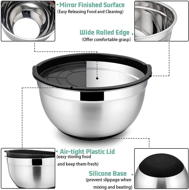 6 Piece Stainless Steel Mixing Bowl Set with Lids & Non-Slip Bases – Nesting Baking & Storage Bowls – Best for Baking, Salads & Food Prep