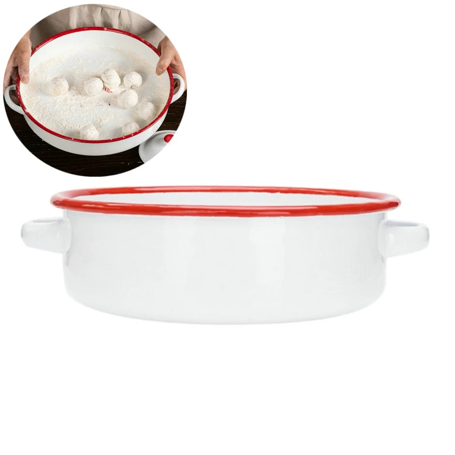White & Red Enamel Baking Pan with Dual Side Handles – Deep Round Baking Dish for Baking, Roasting, and Serving, Oven & Induction Safe, 3 Sizes Available