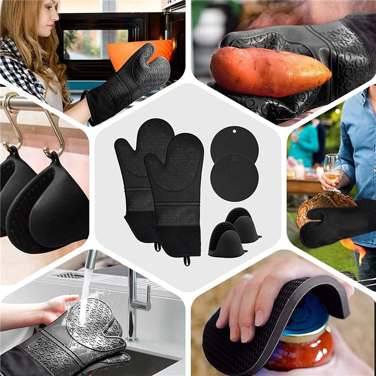 6 Piece Extra Long Silicone Oven Mitts & Pot Holders Set – Heat Resistant Cooking Gloves & Hot Pads – Perfect for Baking, Cooking & BBQ