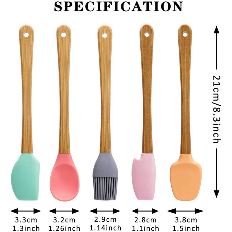5 Piece Mini Silicone Spatula Set with Wooden Handles – Heat Resistant Non-Stick Scrapers – Best for Baking, Jars & Pastry