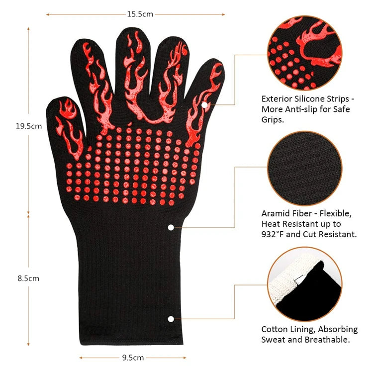 Extreme Heat Resistant BBQ Grill Gloves up to 800°C – Non-Slip Silicone Oven Mitts & Cooking Gloves – Best for Grilling, Baking & Handling Hot Pans