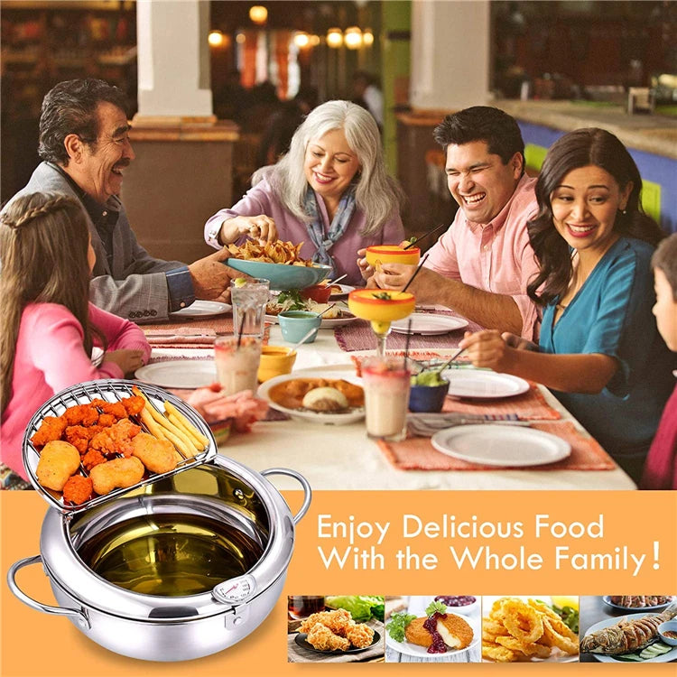 304 Stainless Steel Japanese Deep Frying Pot with Thermometer & Lid – Tempura Fryer Pan – Ideal for Tempura, Chips & Fried Chicken – Available in 20cm & 24cm