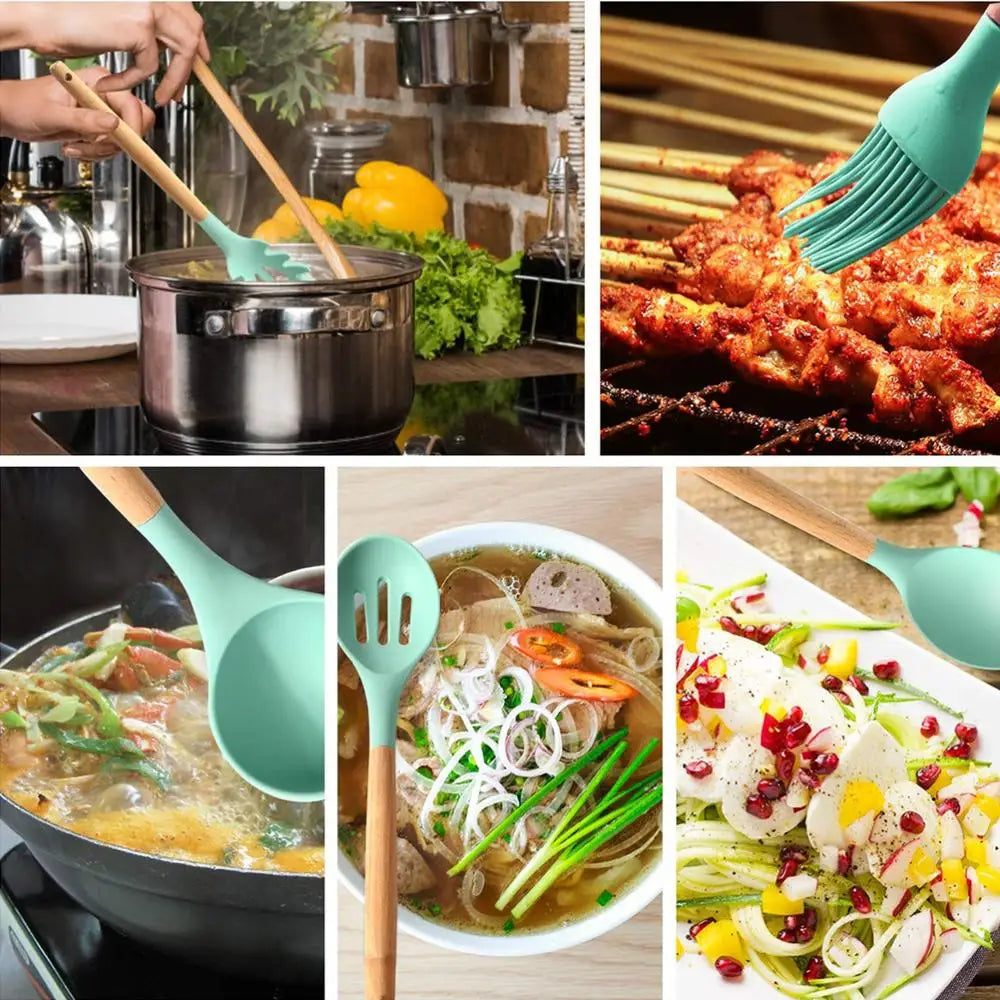 Heat Resistant Silicone Cooking Utensil with Wooden Handle – Up to 230°C Turner, Tongs, Spatula, Spoon, Brush & Whisk – Ideal for Nonstick Cookware