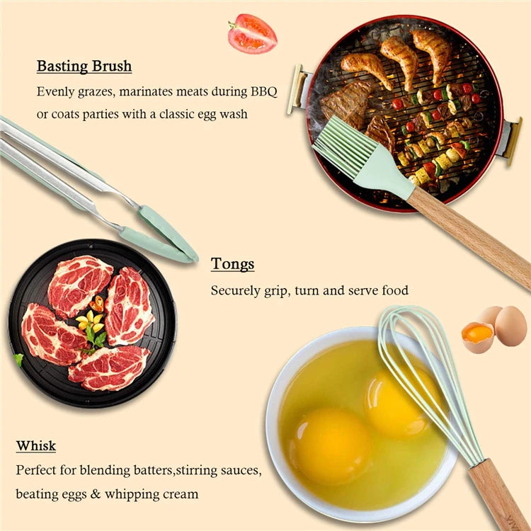 Heat Resistant Silicone Cooking Utensil with Wooden Handle – Up to 230°C Turner, Tongs, Spatula, Spoon, Brush & Whisk – Ideal for Nonstick Cookware