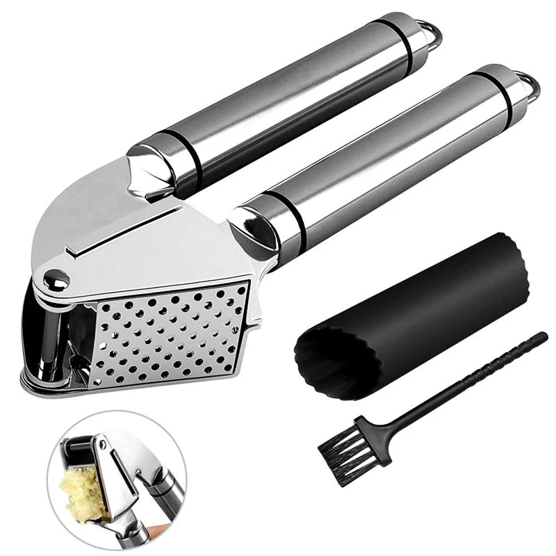 Stainless Steel Garlic Press with Silicone Garlic Peeler Roller – Rust Proof Garlic Mincer & Crusher Kit – Great for Crushing, Mincing & Peeling Garlic