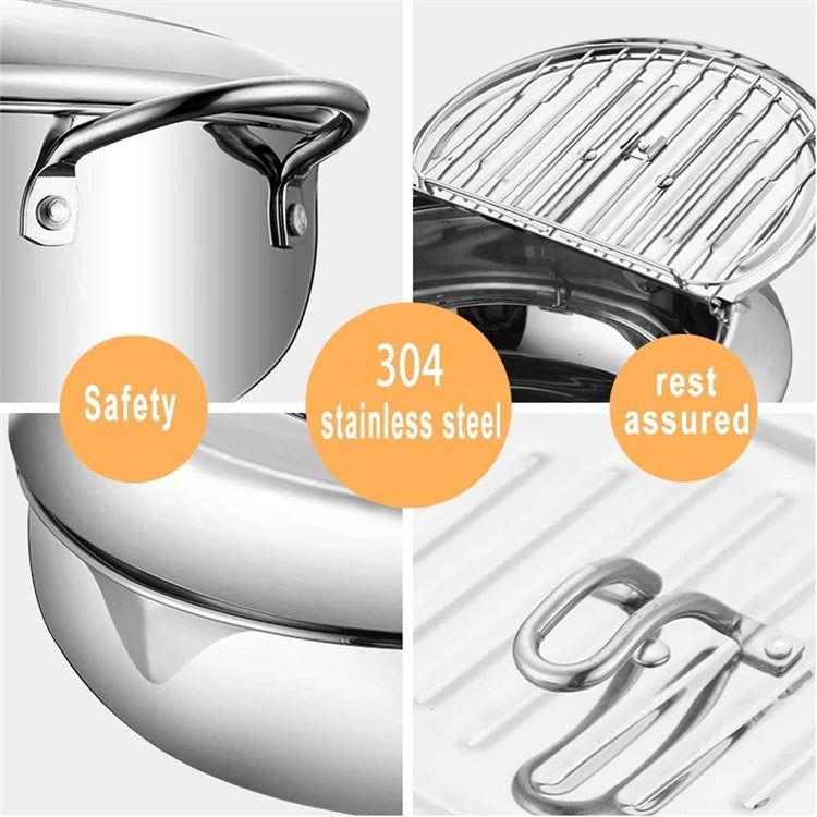 304 Stainless Steel Japanese Deep Frying Pot with Thermometer & Lid – Tempura Fryer Pan – Ideal for Tempura, Chips & Fried Chicken – Available in 20cm & 24cm