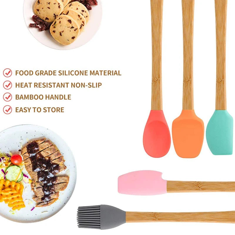 5 Piece Mini Silicone Spatula Set with Wooden Handles – Heat Resistant Non-Stick Scrapers – Best for Baking, Jars & Pastry