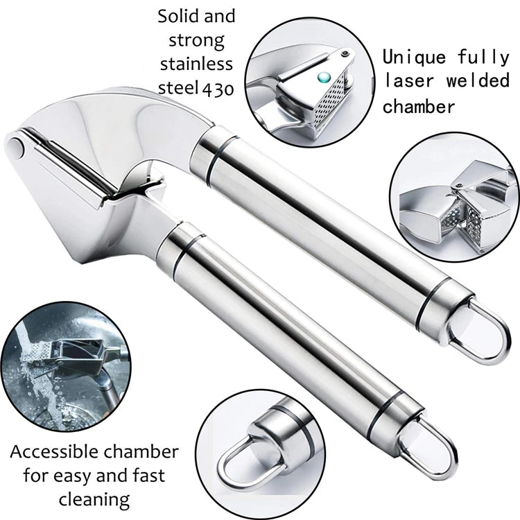 Stainless Steel Garlic Press with Silicone Garlic Peeler Roller – Rust Proof Garlic Mincer & Crusher Kit – Great for Crushing, Mincing & Peeling Garlic