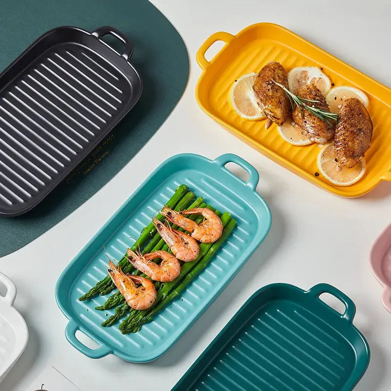 Rectangular Ceramic Baking Tray with Dual Handles – High-Temperature Resistant Porcelain Tray for Baking, Roasting, Chicken Wings, Vegetables, Desserts & Daily Meals – Non-Slip Bottom & Stackable Design for Oven, Microwave, Dishwasher & Refrigerator