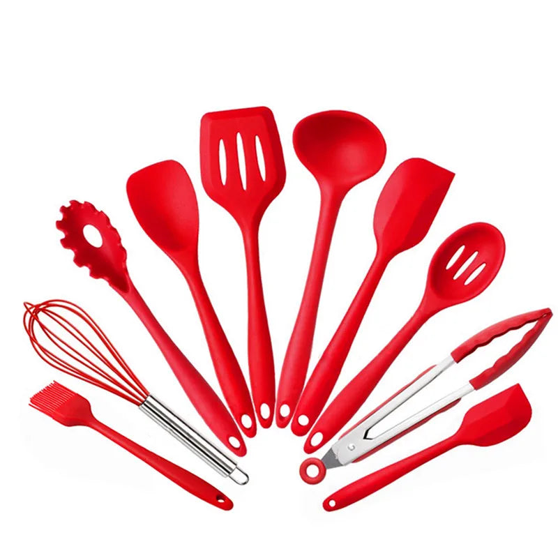 10-Piece Silicone Kitchen Utensils Set – Non-Stick, Heat-Resistant Cooking Utensils – Ideal for Daily Cooking– Available in Black, Light Green, Red, and Blue Colours.