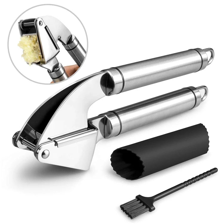 Stainless Steel Garlic Press with Silicone Garlic Peeler Roller – Rust Proof Garlic Mincer & Crusher Kit – Great for Crushing, Mincing & Peeling Garlic