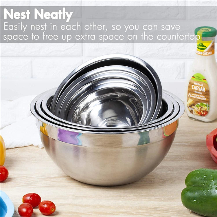 6 Piece Stainless Steel Mixing Bowl Set with Lids & Non-Slip Bases – Nesting Baking & Storage Bowls – Best for Baking, Salads & Food Prep