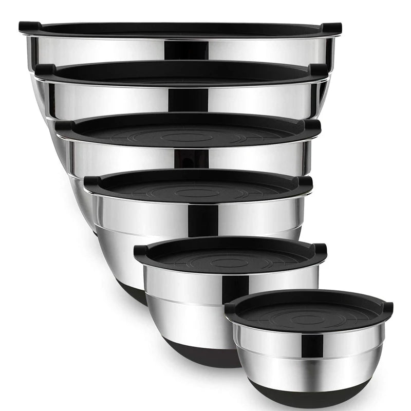 6 Piece Stainless Steel Mixing Bowl Set with Lids & Non-Slip Bases – Nesting Baking & Storage Bowls – Best for Baking, Salads & Food Prep