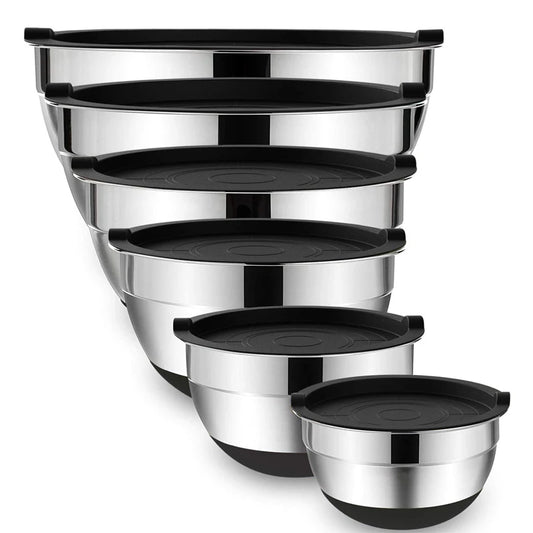 6 Piece Stainless Steel Mixing Bowl Set with Lids & Non-Slip Bases – Nesting Baking & Storage Bowls – Best for Baking, Salads & Food Prep