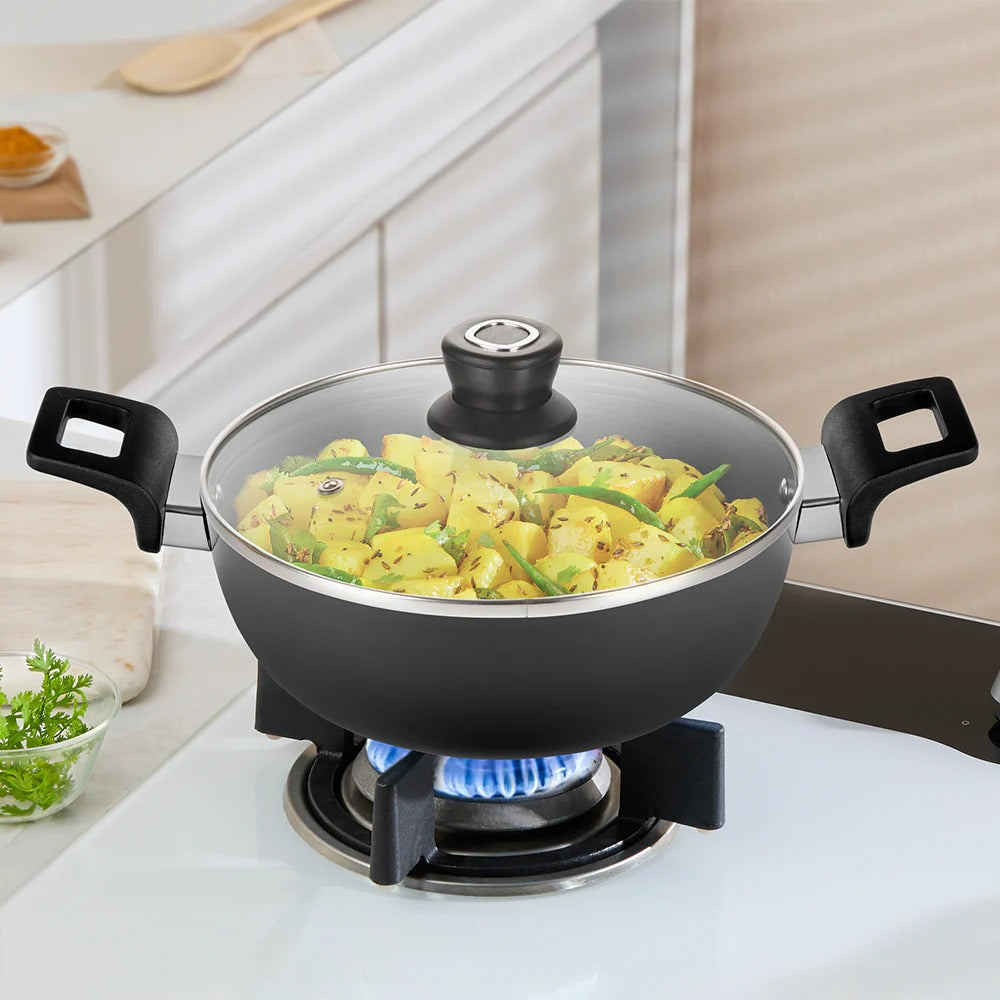 Hard Anodized 22 cm 2L Deep Kadhai with Glass Lid