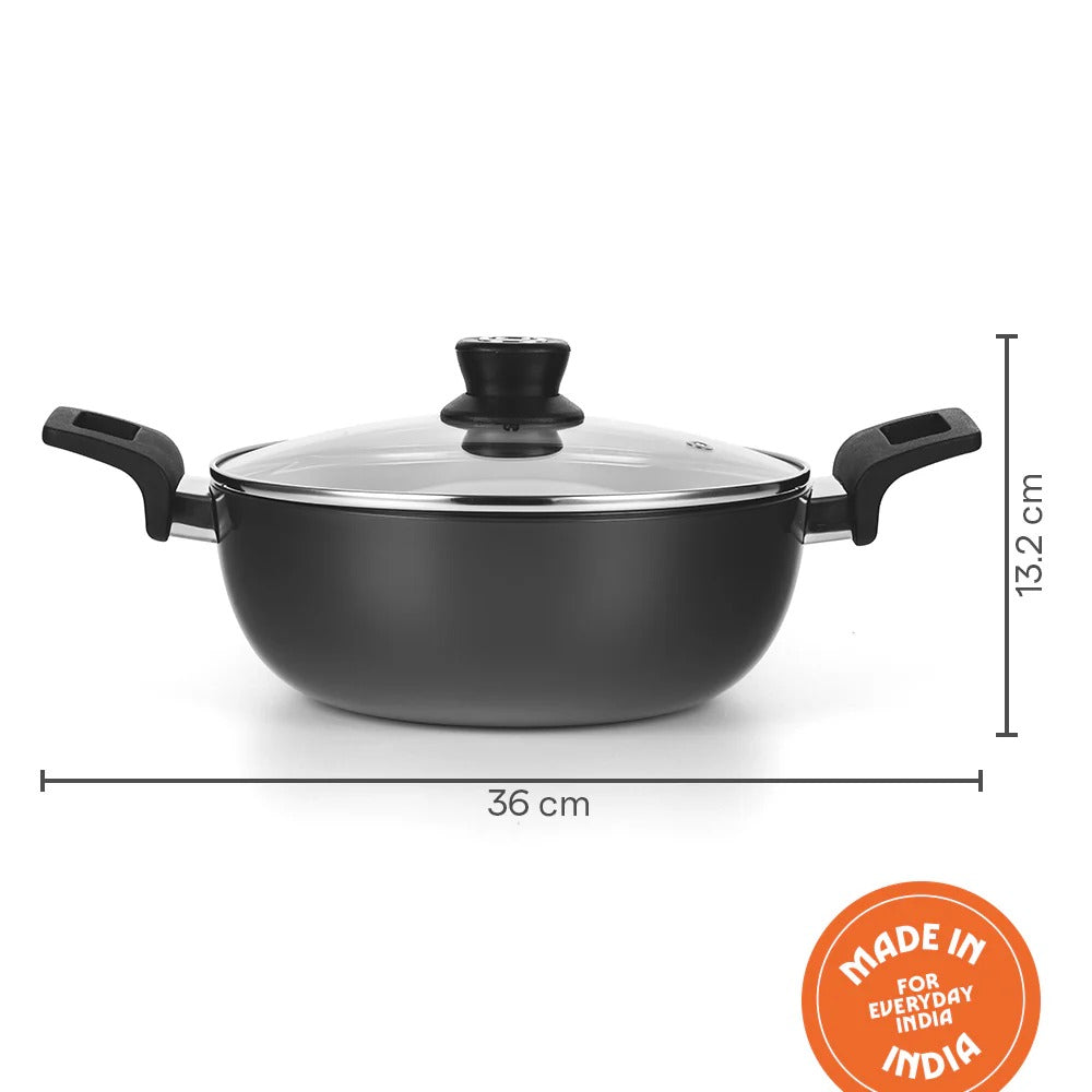 Hard Anodized 22 cm 2L Deep Kadhai with Glass Lid