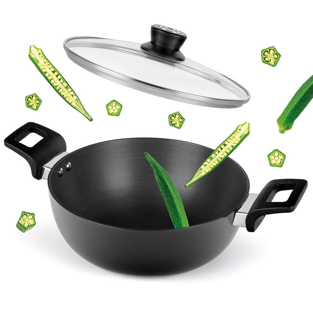 Hard Anodized 22 cm 2L Deep Kadhai with Glass Lid