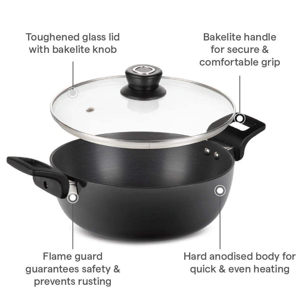 Hard Anodized 22 cm 2L Deep Kadhai with Glass Lid
