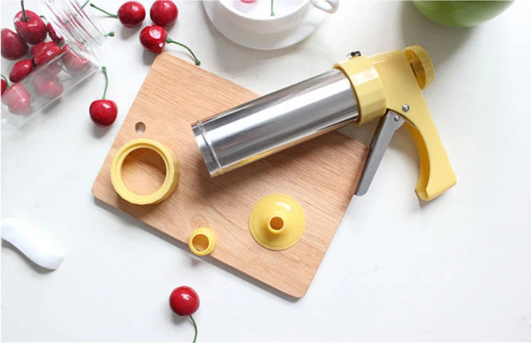 Stainless Steel Cookie Press Kit with 13 Discs & 8 Piping Nozzles – Biscuit Maker Gun & Cake Decorating Set – Great for Spritz Cookies & Icing