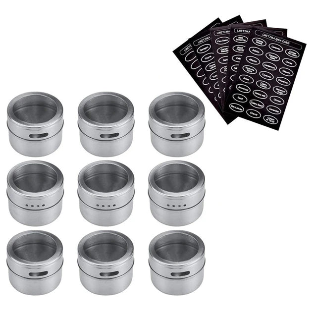 Magnetic Stainless Steel Spice Jar Set with Stickers – Spice Tins & Seasoning Containers – Perfect for Fridge & Metal Boards – Available in 9, 12 & 16 Pieces