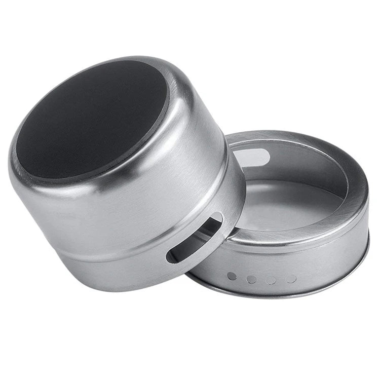 Magnetic Stainless Steel Spice Jar Set with Stickers – Spice Tins & Seasoning Containers – Perfect for Fridge & Metal Boards – Available in 9, 12 & 16 Pieces