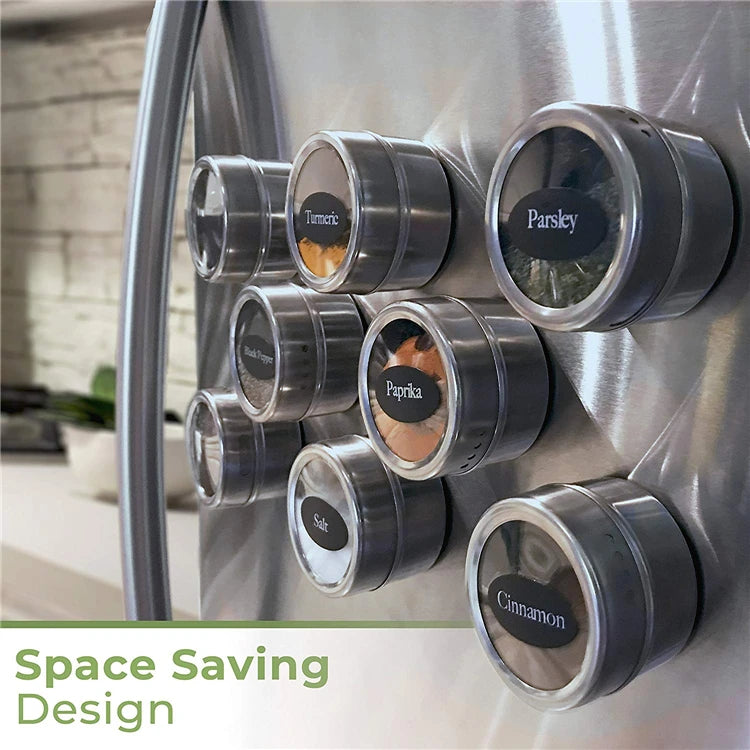 Magnetic Stainless Steel Spice Jars with Labels & Chalk Pen – Seasoning Tins & Spice Storage – Best for Fridge & Metal Boards – Available in 8 to 24 Pieces