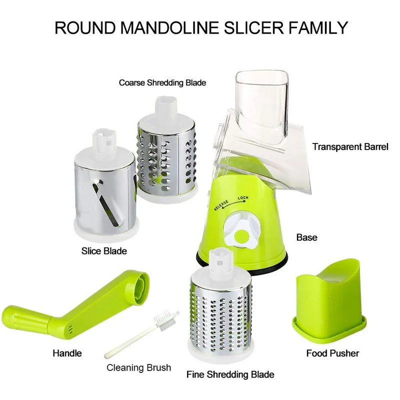 Manual Rotary Vegetable Slicer & Cheese Grater with 3 Stainless Steel Drums – Hand Crank Vegetable Chopper – Perfect for Potatoes, Carrots & Cucumbers – Available in Green & Blue Colours
