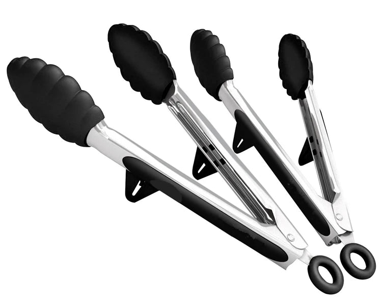 Heat Resistant Stainless Steel Cooking Tongs with Silicone Tips – Self-Standing Kitchen & BBQ Tongs – Perfect for Salads, Grilling & Serving – Available in Black & Red, 8 or 12 Inch