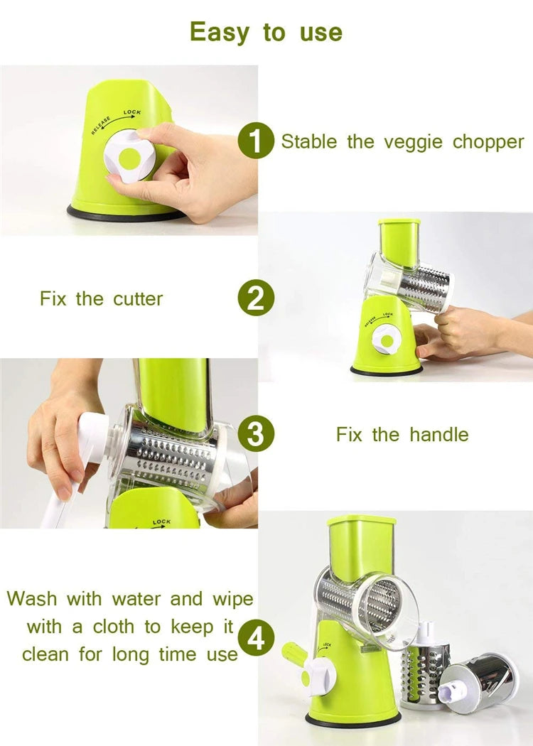 Manual Rotary Vegetable Slicer & Cheese Grater with 3 Stainless Steel Drums – Hand Crank Vegetable Chopper – Perfect for Potatoes, Carrots & Cucumbers – Available in Green & Blue Colours