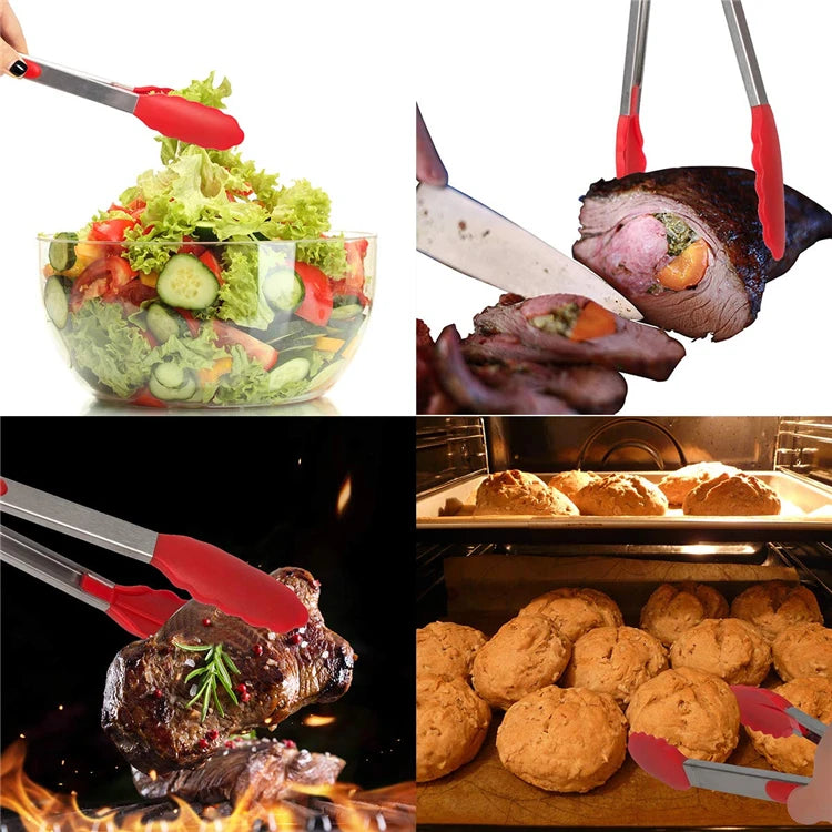 Locking Silicone Kitchen Tongs with Stainless Steel Handles – Non-Stick BBQ & Cooking Tongs – Best for Grilling, Frying & Serving – Available in Black & Red, 9 or 12 Inch