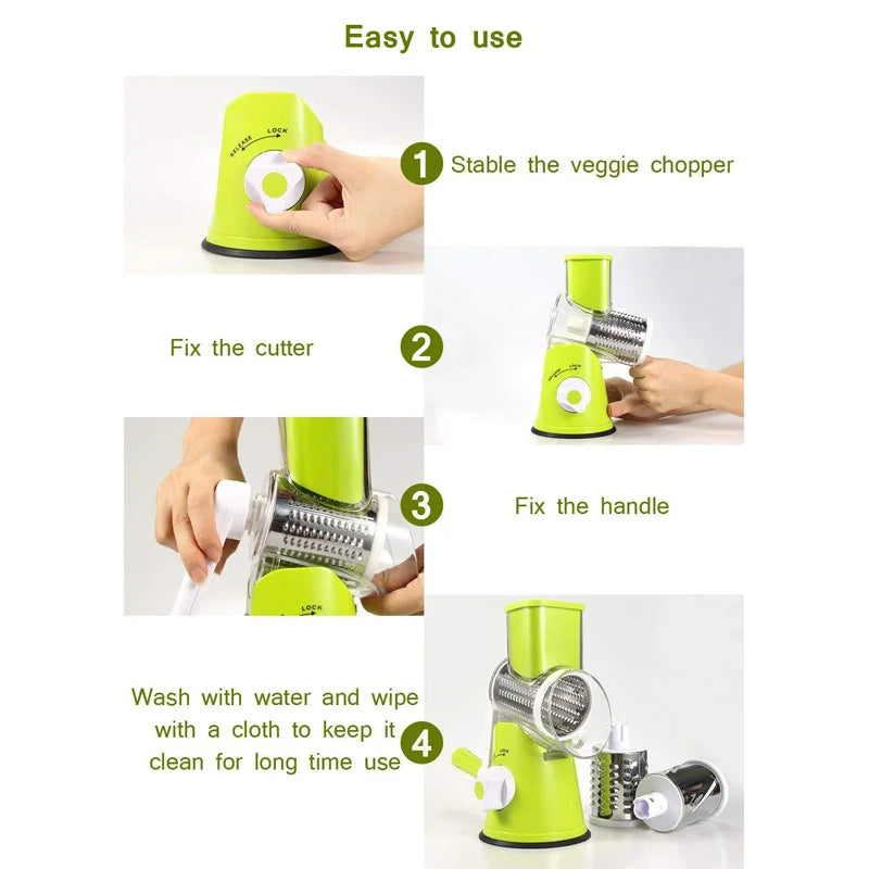 Manual Rotary Vegetable Slicer & Cheese Grater with 3 Stainless Steel Drums – Hand Crank Vegetable Chopper – Perfect for Potatoes, Carrots & Cucumbers – Available in Green & Blue Colours