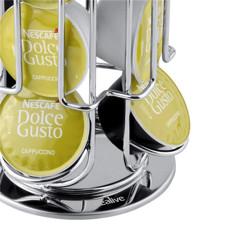 360° Rotating Stainless Steel Coffee Capsule Holder – 24 Pod Carousel Stand & Storage Rack – Best for Organising Coffee Pods on the Worktop – Available for Large Round or Small Capsules