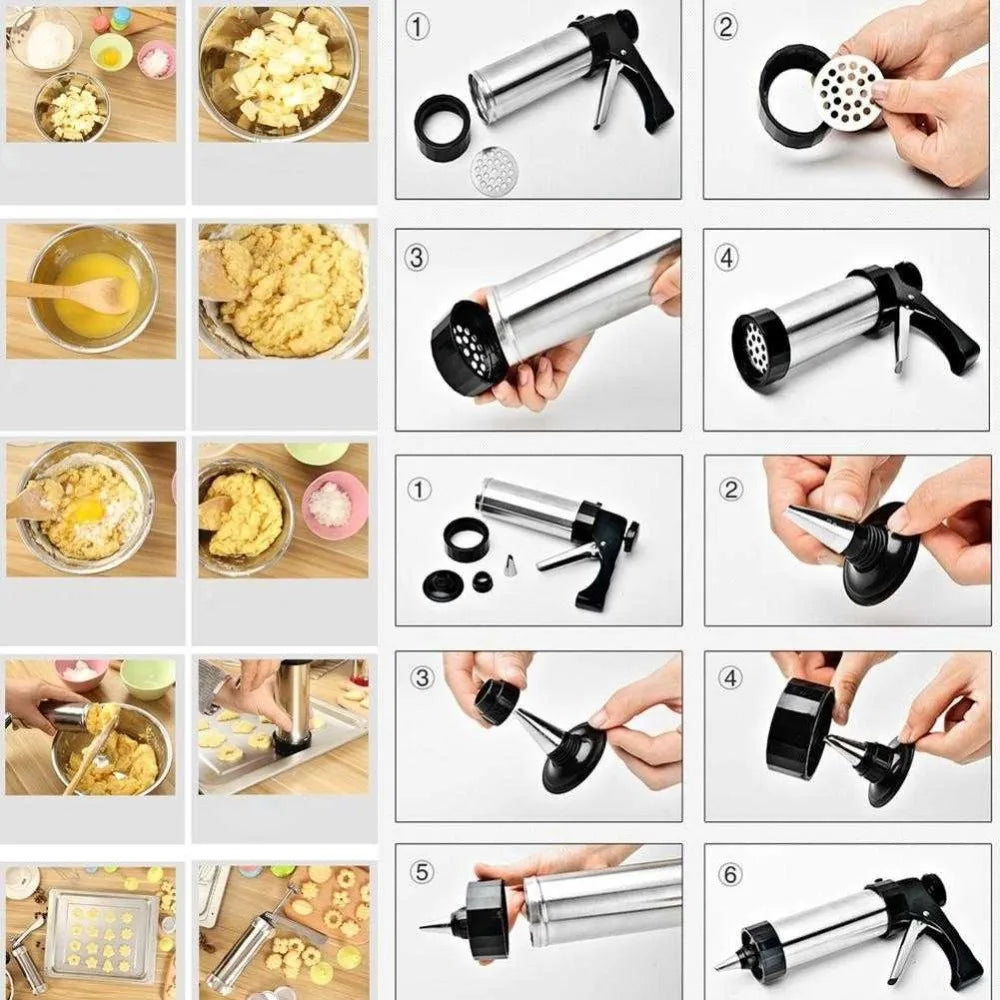 Stainless Steel Cookie Press Kit with 13 Discs & 8 Piping Nozzles – Biscuit Maker Gun & Cake Decorating Set – Great for Spritz Cookies & Icing