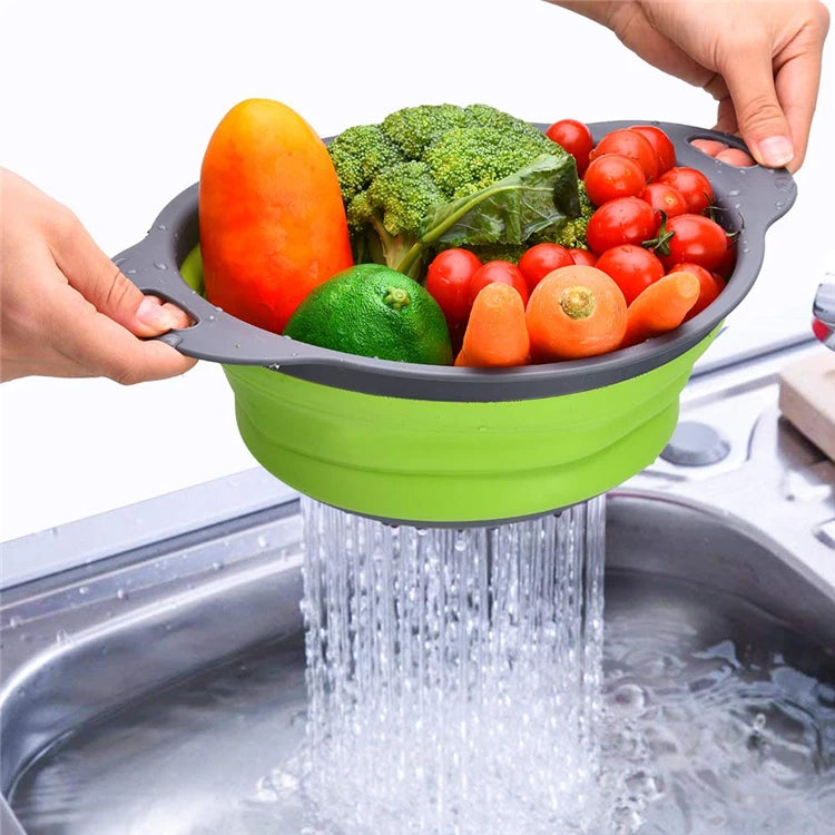 Round Folding Colander – Collapsible Fruit & Vegetable Washing Drain Basket – Best for Rinsing Produce & Draining Pasta – Available in Green, Red, Orange & Blue Colours