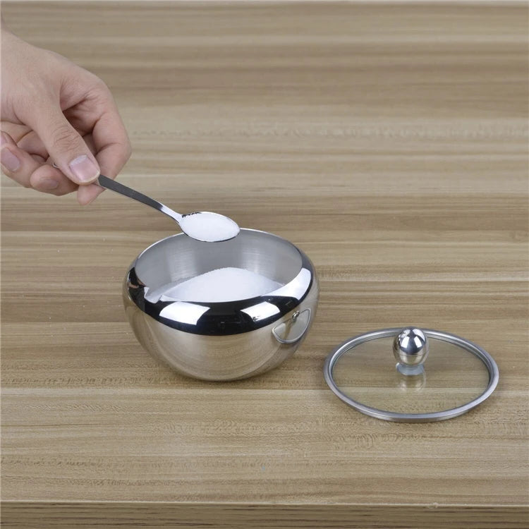 300ml Stainless Steel Sugar Bowl with Glass Lid & Spoon – Seasoning & Spice Bowl Container – Perfect for Tea, Coffee & the Dining Table