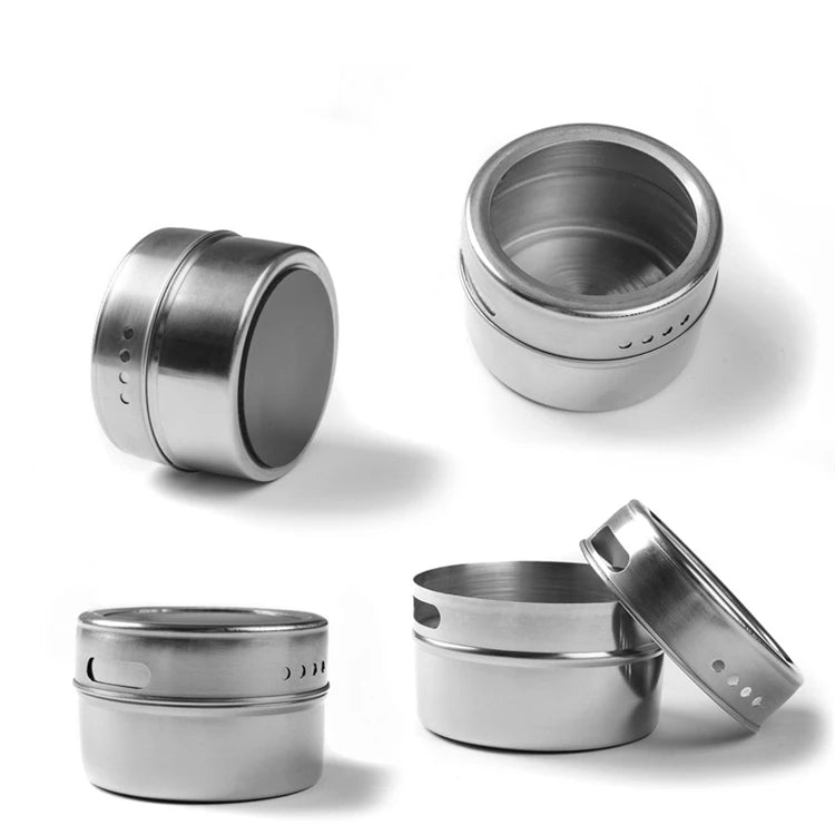Magnetic Stainless Steel Spice Jar Set with Stickers – Spice Tins & Seasoning Containers – Perfect for Fridge & Metal Boards – Available in 9, 12 & 16 Pieces