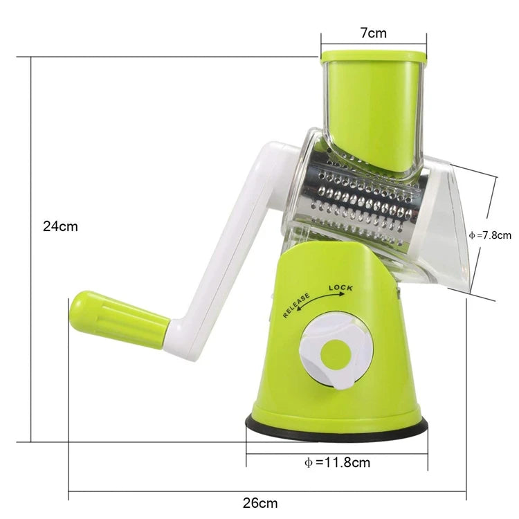 Manual Rotary Vegetable Slicer & Cheese Grater with 3 Stainless Steel Drums – Hand Crank Vegetable Chopper – Perfect for Potatoes, Carrots & Cucumbers – Available in Green & Blue Colours