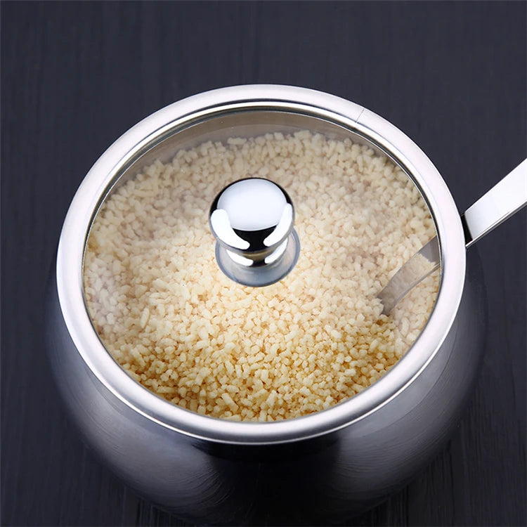 300ml Stainless Steel Sugar Bowl with Glass Lid & Spoon – Seasoning & Spice Bowl Container – Perfect for Tea, Coffee & the Dining Table