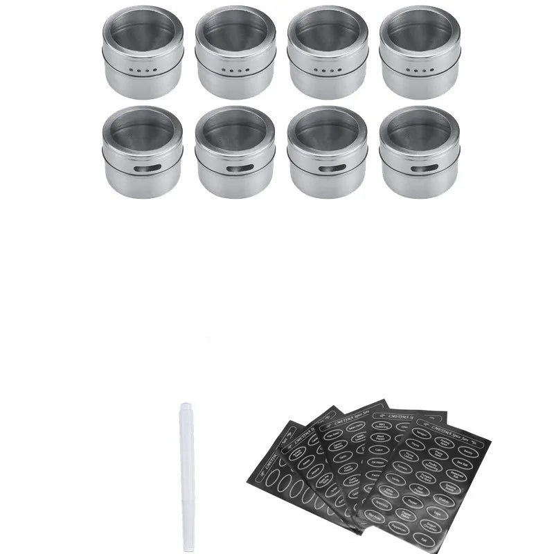 Magnetic Stainless Steel Spice Jars with Labels & Chalk Pen – Seasoning Tins & Spice Storage – Best for Fridge & Metal Boards – Available in 8 to 24 Pieces 8 Pieces
