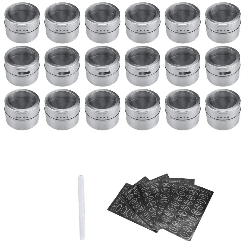 Magnetic Stainless Steel Spice Jars with Labels & Chalk Pen – Seasoning Tins & Spice Storage – Best for Fridge & Metal Boards – Available in 8 to 24 Pieces 18 Pieces