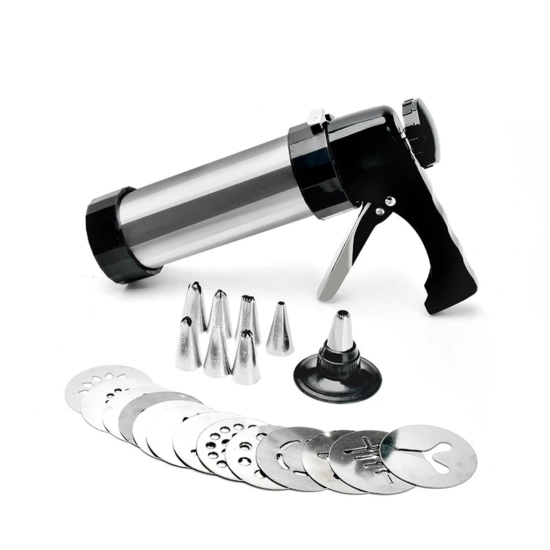 Stainless Steel Cookie Press Kit with 13 Discs & 8 Piping Nozzles – Biscuit Maker Gun & Cake Decorating Set – Great for Spritz Cookies & Icing