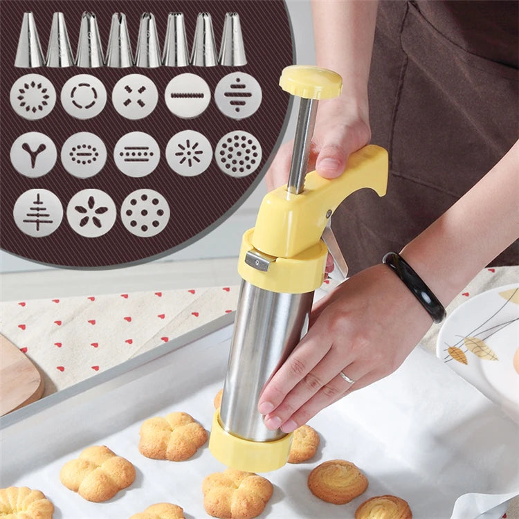 Stainless Steel Cookie Press Kit with 13 Discs & 8 Piping Nozzles – Biscuit Maker Gun & Cake Decorating Set – Great for Spritz Cookies & Icing