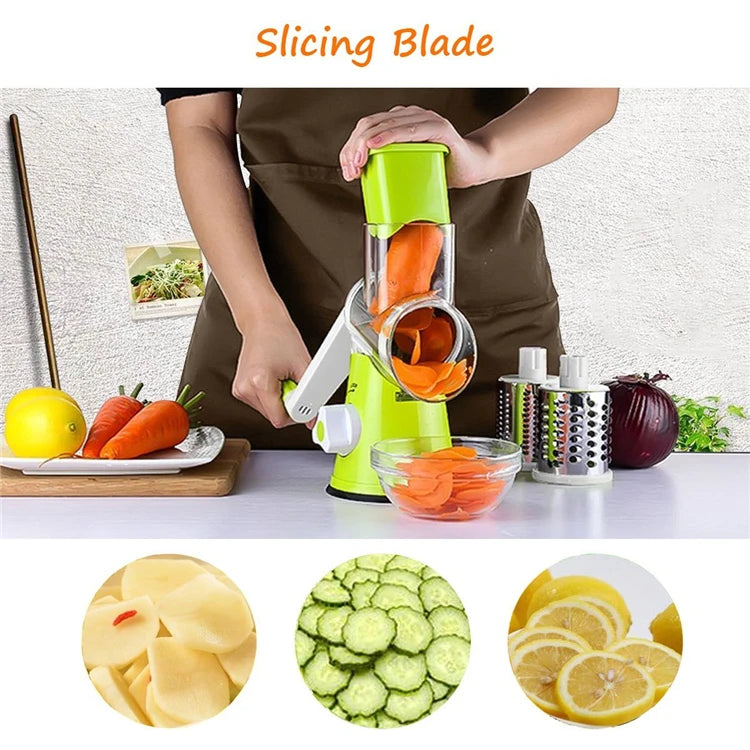 Manual Rotary Vegetable Slicer & Cheese Grater with 3 Stainless Steel Drums – Hand Crank Vegetable Chopper – Perfect for Potatoes, Carrots & Cucumbers – Available in Green & Blue Colours
