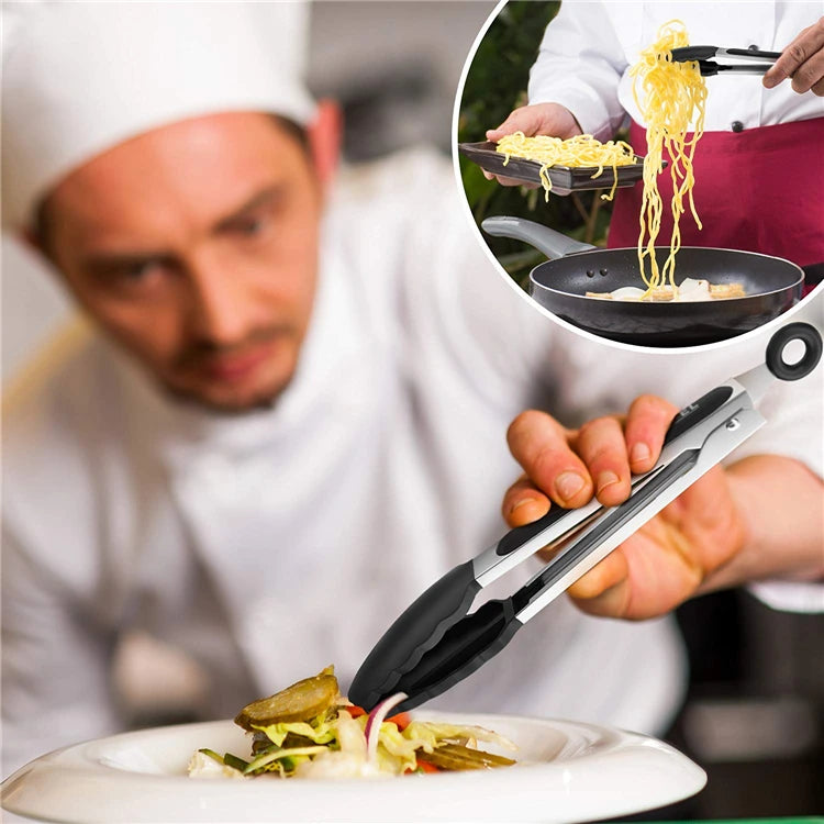 Locking Silicone Kitchen Tongs with Stainless Steel Handles – Non-Stick BBQ & Cooking Tongs – Best for Grilling, Frying & Serving – Available in Black & Red, 9 or 12 Inch